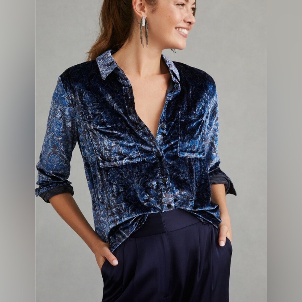 Pilcro Anthropologie Velvet Blue Button Up Top‎ Motif Shirt Long Sleeve